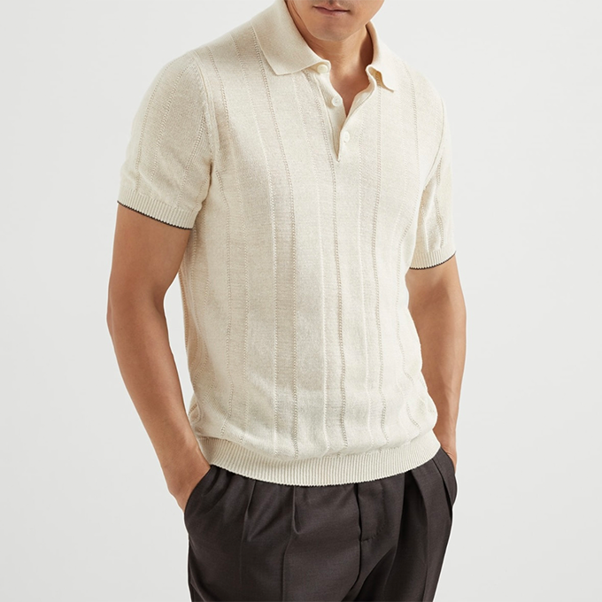 brunello cucinelli short sleeve linen cotton blend knit polo